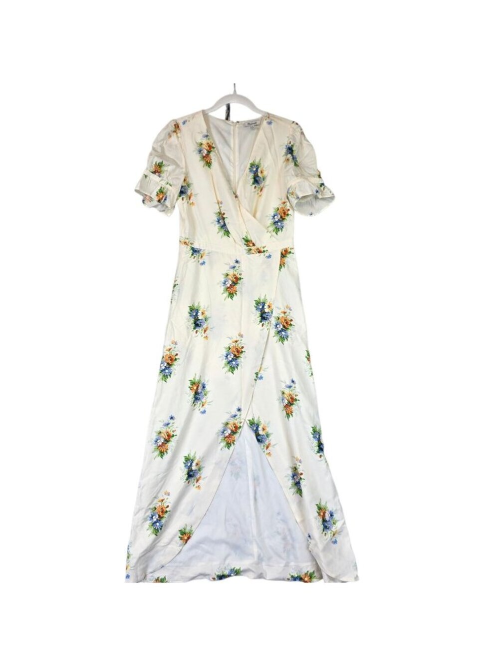 Madewell Dress Womens 2 Cream Floral V Neck Puff Sleeve Wrap Maxi Ruffle Hem